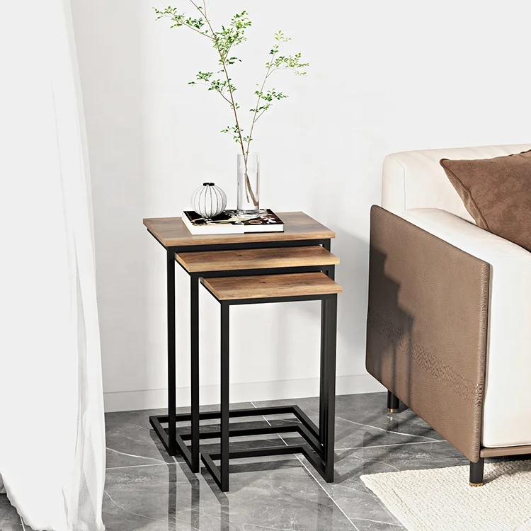 Classic modern c shape 3 piece living room furniture sofa side end wood simple coffee table set