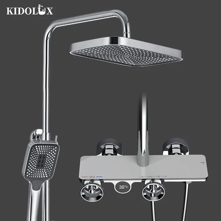 Hot Cold Wall Mounted Bathroom Led Rainfall Contemporary  High Pressure Water 4 In 1 Led Knob Handle Shower Set Italy Chrome