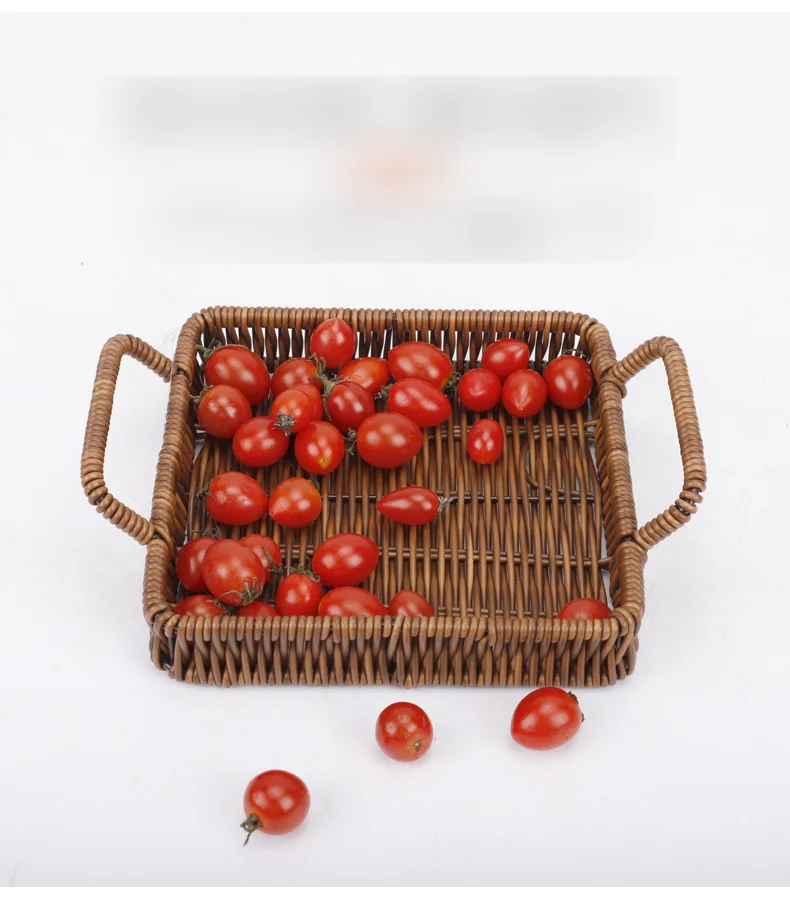 
Square Double Ear Handle Rattan Basket Fruit Household Living Room Snack Storage Basket 