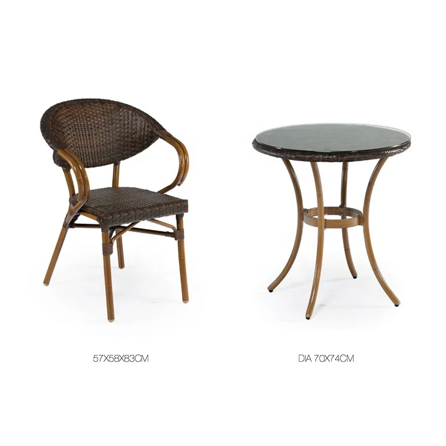 OTA-8121 Aluminum Bamboo Outdoor Rattan Metal Chair And Table Set Patio Garden Rattan Metal Coffee Dinning Chairs and Tables