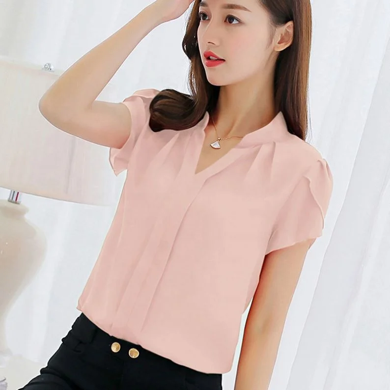 Womens Shirt Chiffon Blouse Tops Short Sleeve Elegant Ladies Formal Office Blouse Plus Size Women Tops Blouses