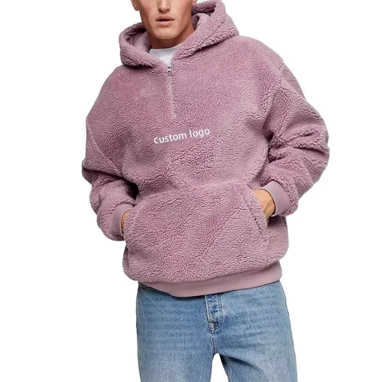 Custom Letter Embroidery 1/4 Zip Fuzzy Hoodies Winter Heavy Weight Teddy Man Fleece Hoodie