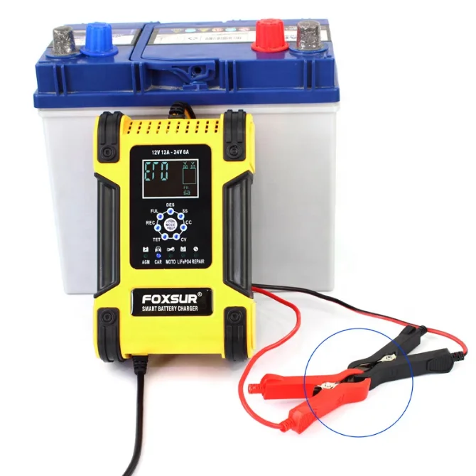  Последняя Foxsur 12V 12A - 24V 6A 7-ступенчатая свинцово-кислотная батарея AGM LiFePo4 литиевая мотоциклов зарядное устройство для автомобильного