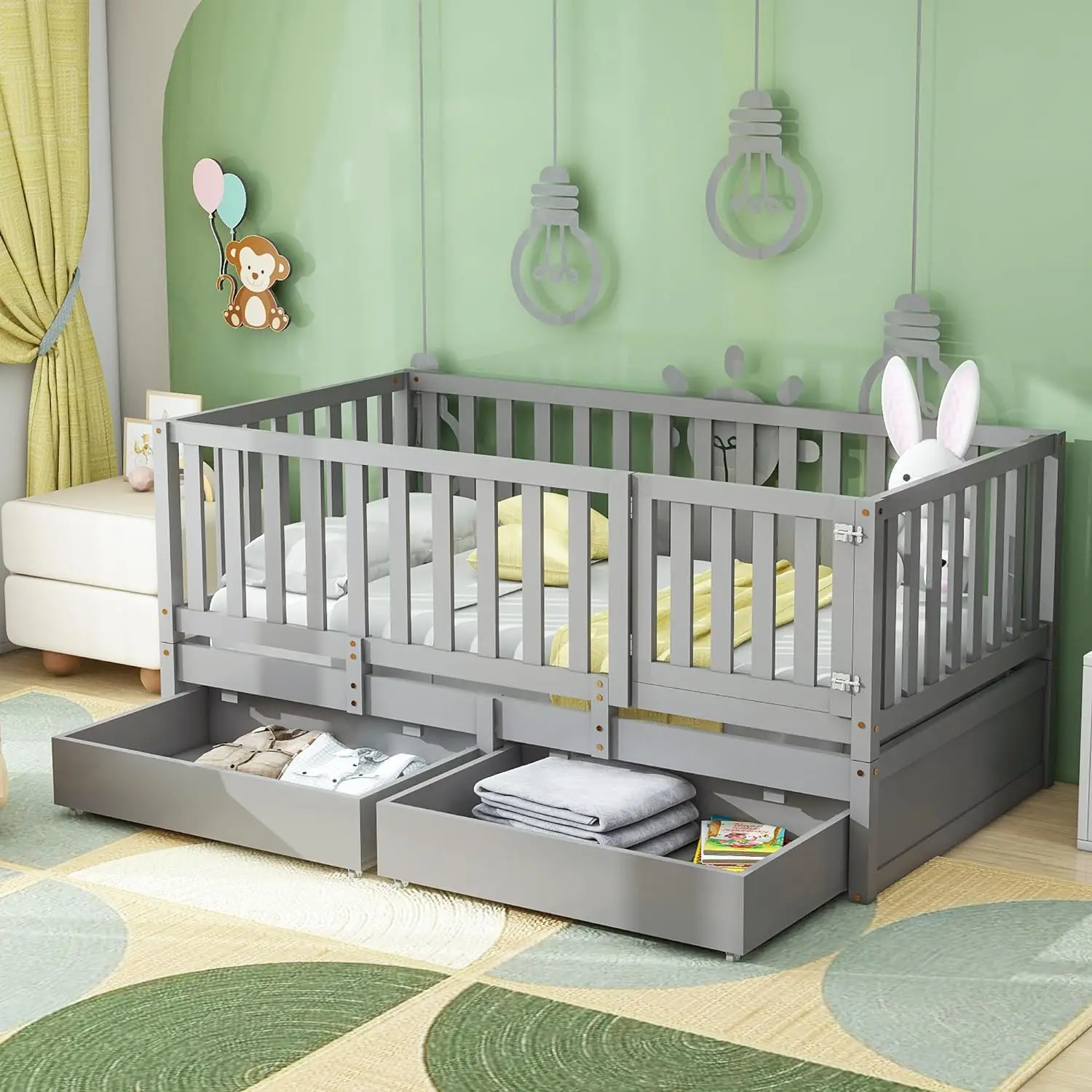 Twin Size Daybed with Fence Guardrails and 2 Drawers, Split into Independent Floor Bed & Daybed, Wood Daybed Sofa Bed Frame