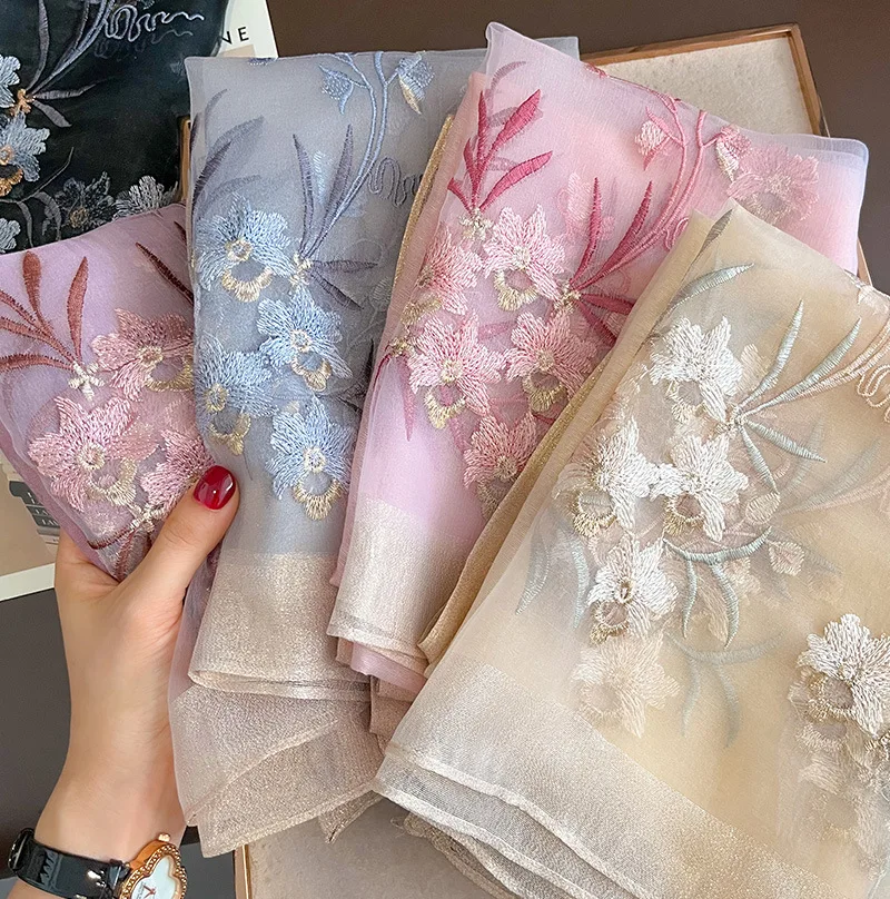 Wholesale Premium Embroidery 100% Pure Silk Scarf in Stock Elegant Flower Design Shimmer Edge Wool Blend Long Scarf for Ladies