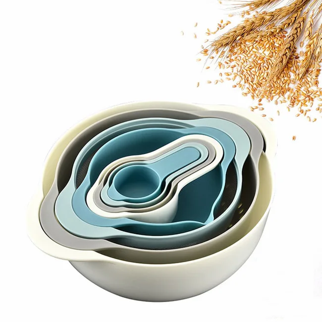 
Dropshipping Kitchen 8 Piece Portable Baking Kitchen Tool Drain Basket Mixing Bowls Plastic Measuring Cups And Spoons Set 