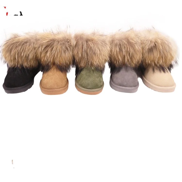 B054 Genuine Leather Lining Sheepskin Natural Colored Racoon Fur Outside Antiskid Snow Boots Manufacturers,Snow Boots Women