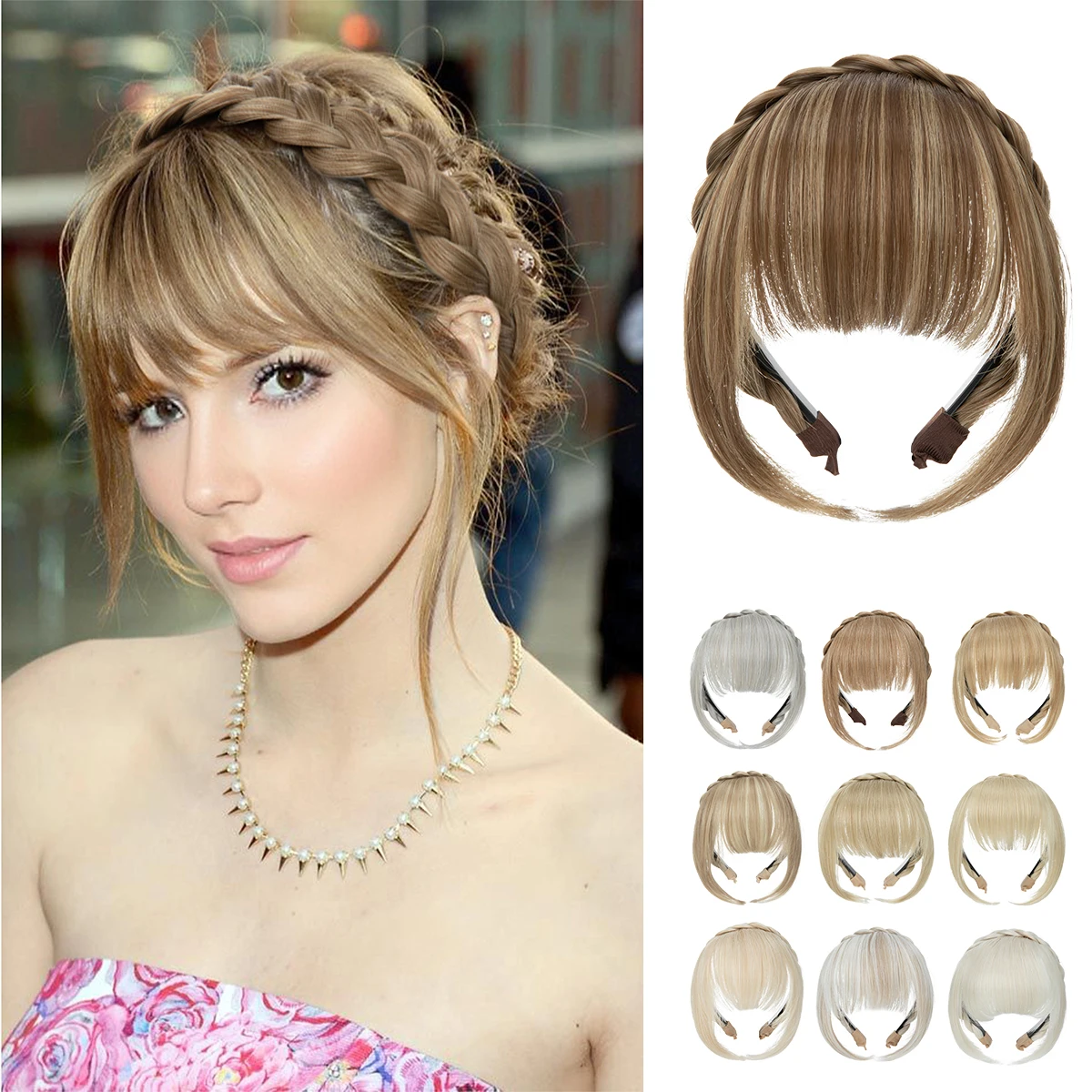 Wholesale High Quality Heat Resistant Synthetic Bangs Hair Braided Headband Hair Hoop With Neat Fringe Bangs For Women Girls