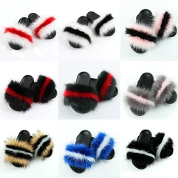 New Fashion Ladies Fox Fur Slippers Faux Futured White Furry Women Blue Slides Non-Slip Sheepskin Fuzzy Furcharm Real
