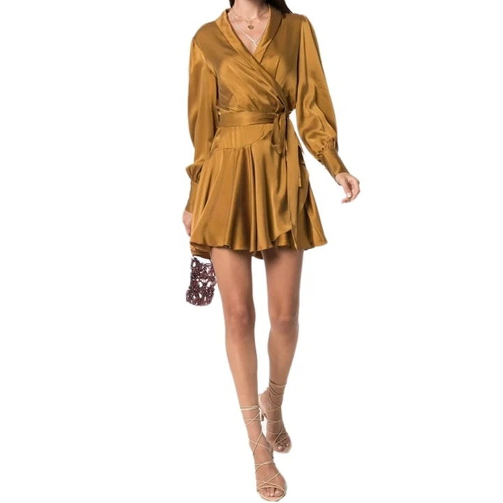 
Fashion Design Women Casual V-Neck Sexy Silk Satin Belt Tie Mini Dress 2020 <span style=