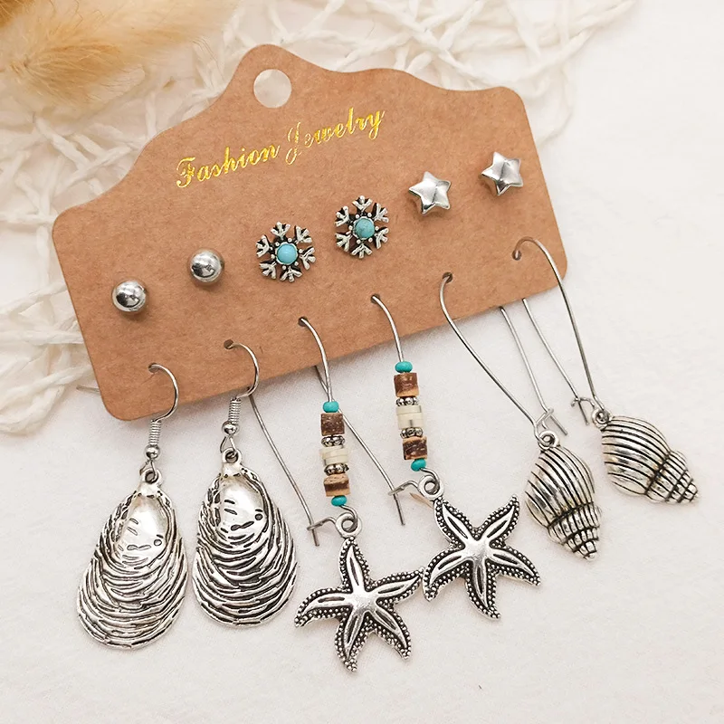 6pair/card Vintage Antique Silver Plated Heart Moon Stud Palm Leaf Starfish Beach Shell Pendant Women Boho Earring Set Jewelry
