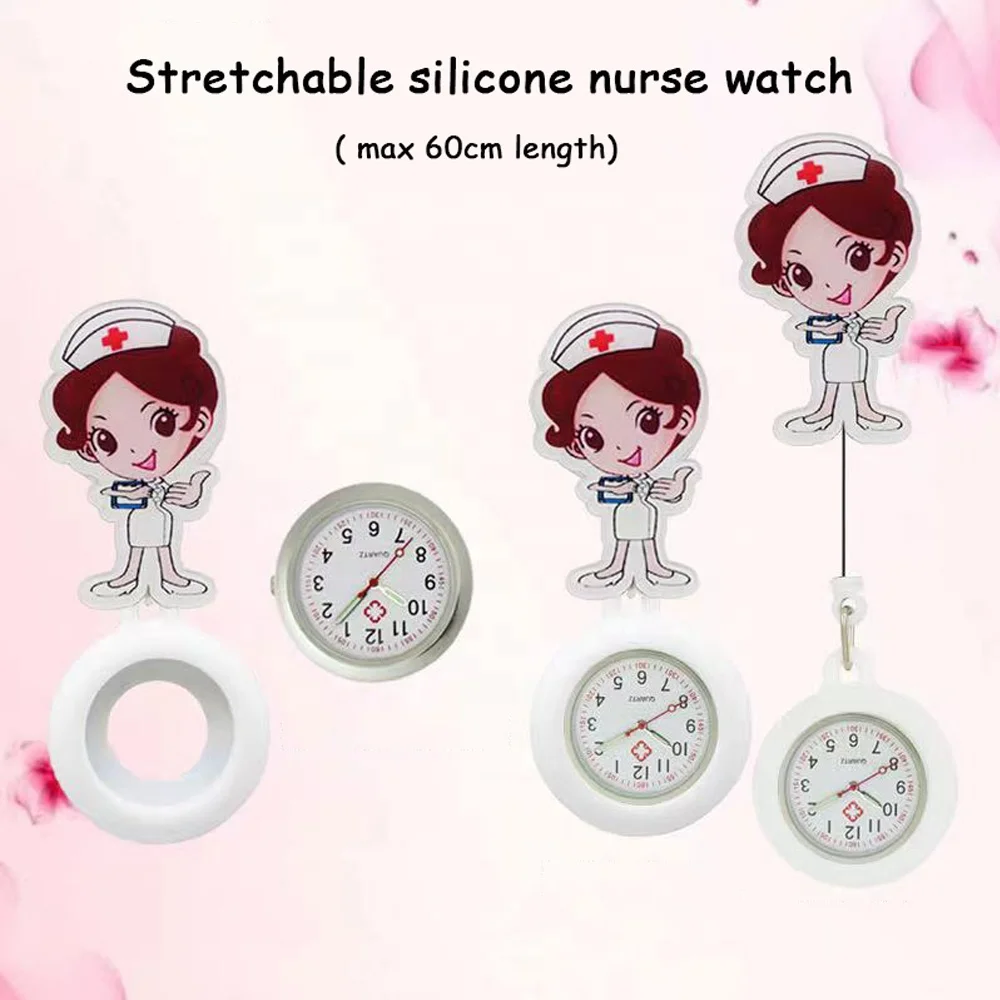 Factory wholesale cute cartoon design stretchable luminous pointer quartz silicone nurse watch with clip