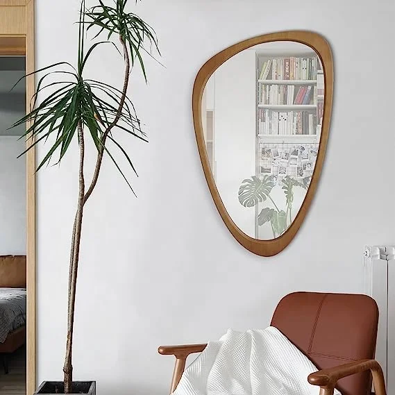 Factory Wholesale Modern Wood Framed Bathroom Decor Teardrop Water Drop Shaped Glass Bedroom Wall Hanging Mirror Miroir Espejo