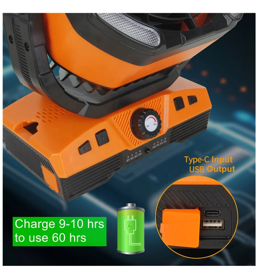 Portable USB Lithium Rechargeable Fan 20000 Mah Battery Operated Outdoor Camping Fan with RGBW LED Light