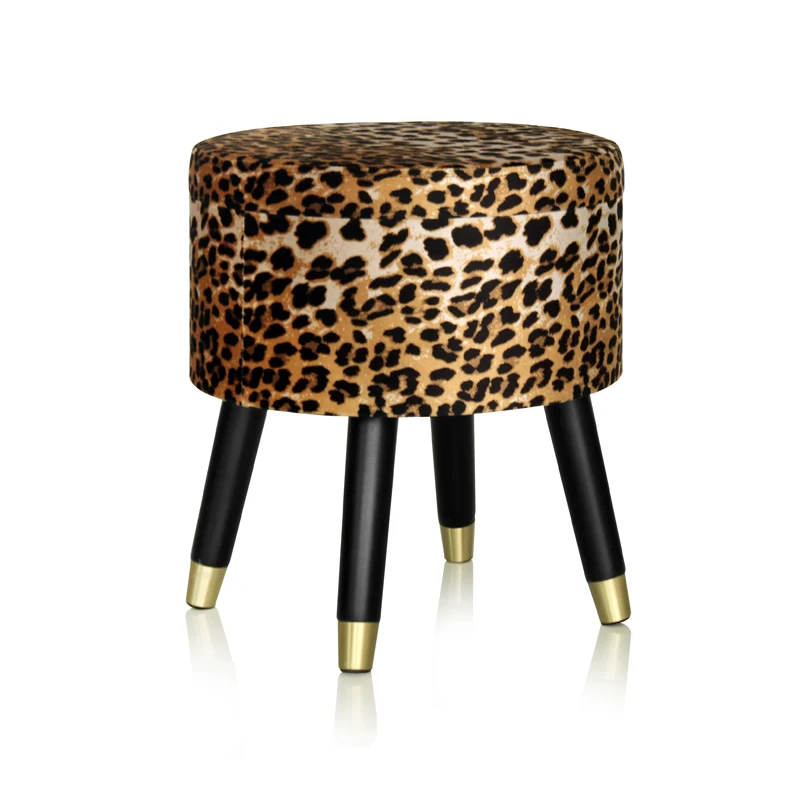 Leopard Print Space Saving Velvet Storage Foot Pouf Ottoman Stool with Wooden Legs