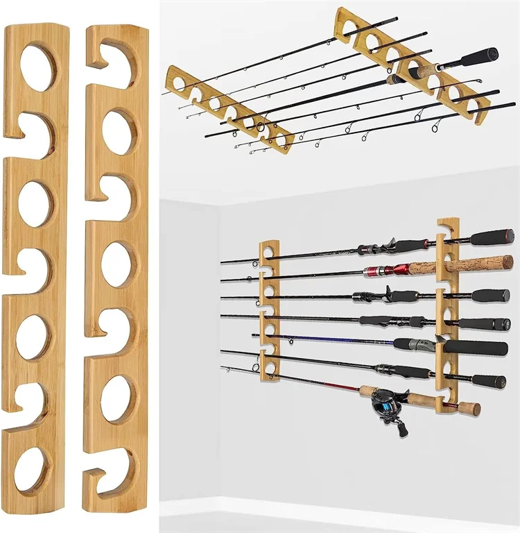 Baitcasting Spinning Reels Rod Storage Wood Fishing Pole Wall Rack Fishing Rod Racks Bamboo Fishing Rod Holders for Garage