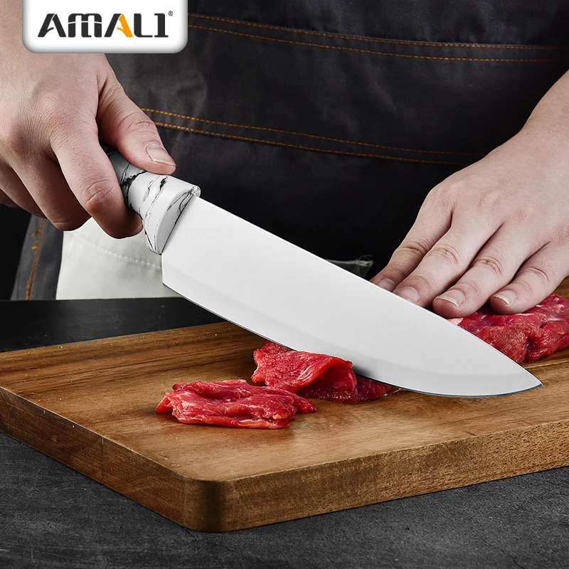 Non-Stick Coating Marble Handle 6pcs Kitchen Knife Set With Block Carving Knife Chef Knife In Color Box