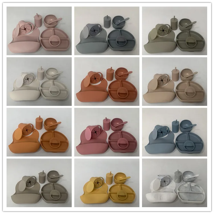 Wholesale BPA Free Silicone Suction Bowl Plate Spoon Sunrise Teethers Snack Cup Baby Silicone Feeding Set