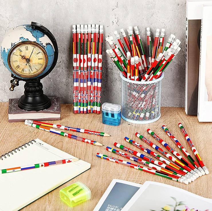 free shipping art natural wood round pencil drawing set kids writing pencils American flag custom for school students