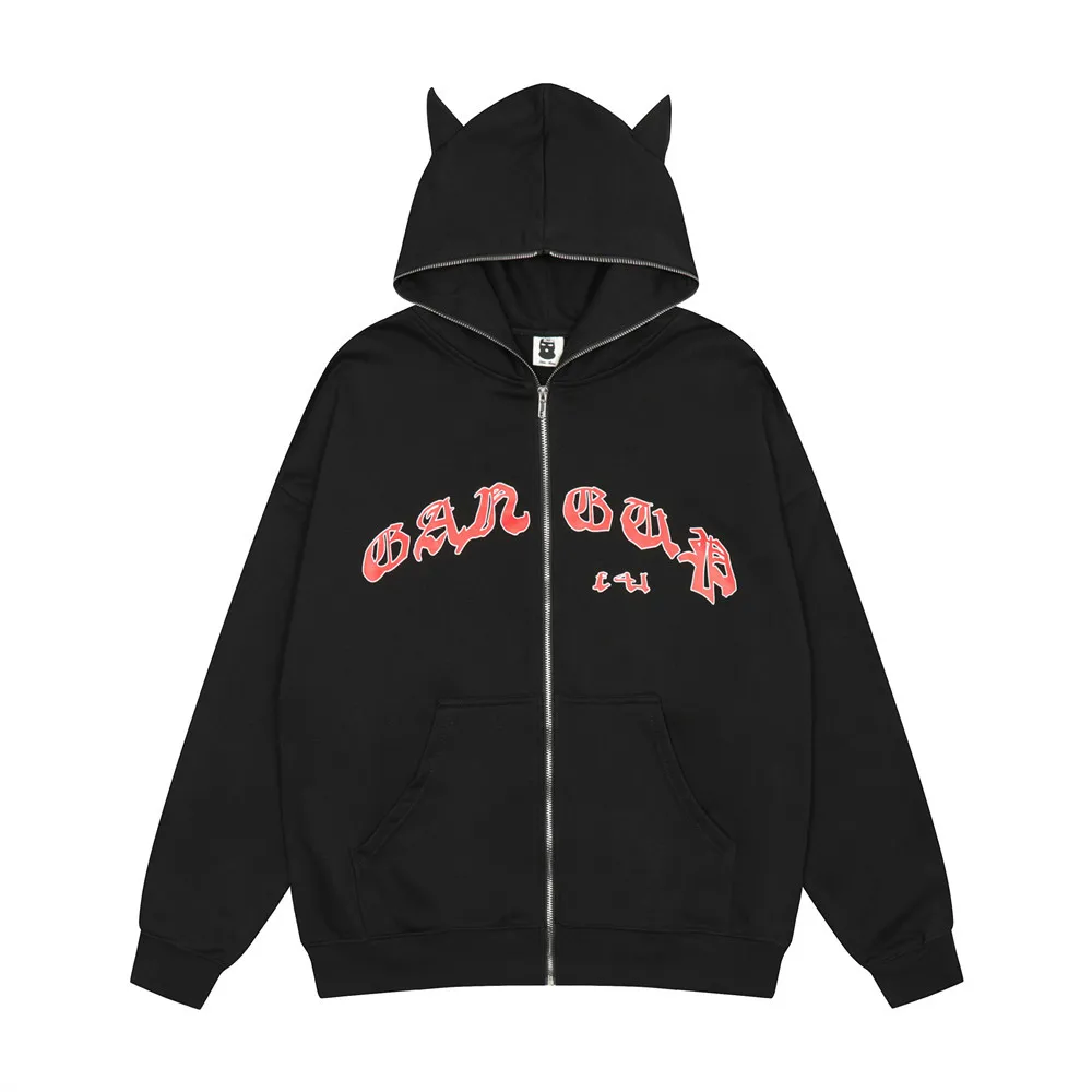 Demon Horn Ox Horn Sweatshirt 100 Cotton Long Sleeve Printed Oversize Pullover Zip Up Hoodies