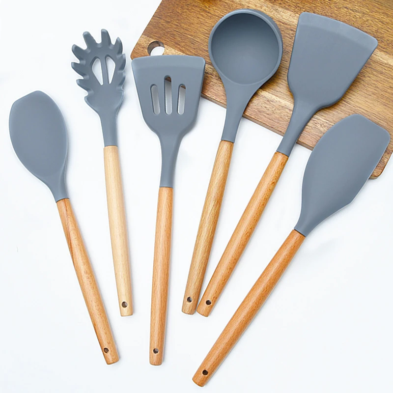 Silicone Kitchen Utensil Set Non-Stick Accessories Cooking tools 12 pcs set KITchenware With Beech wooden handle