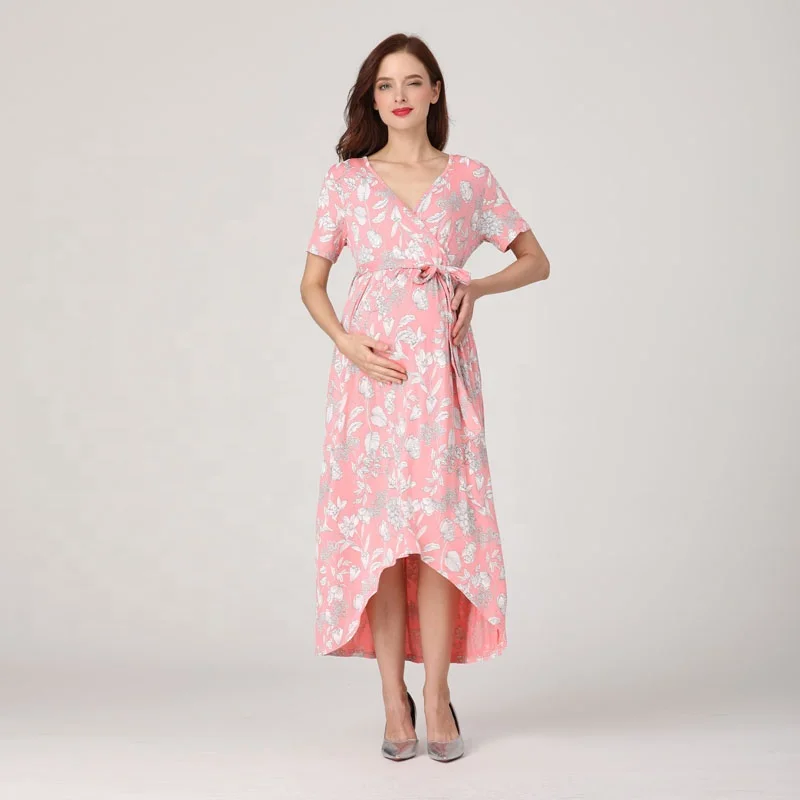 V Neck Big size Floral Maternity Dress Soft Rayon Stretch Maternity Clothes Breastfeeding Nursing Wrap Dress Stock Wholesale