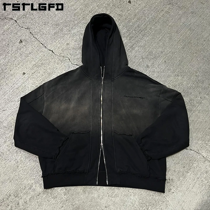 Custom Heavyweight 400 500 Gsm Terry Fleece Zip Jacket Cropped Oversized Boxy Fix Distressed Acid Wash Double Zipper Hoodies Men