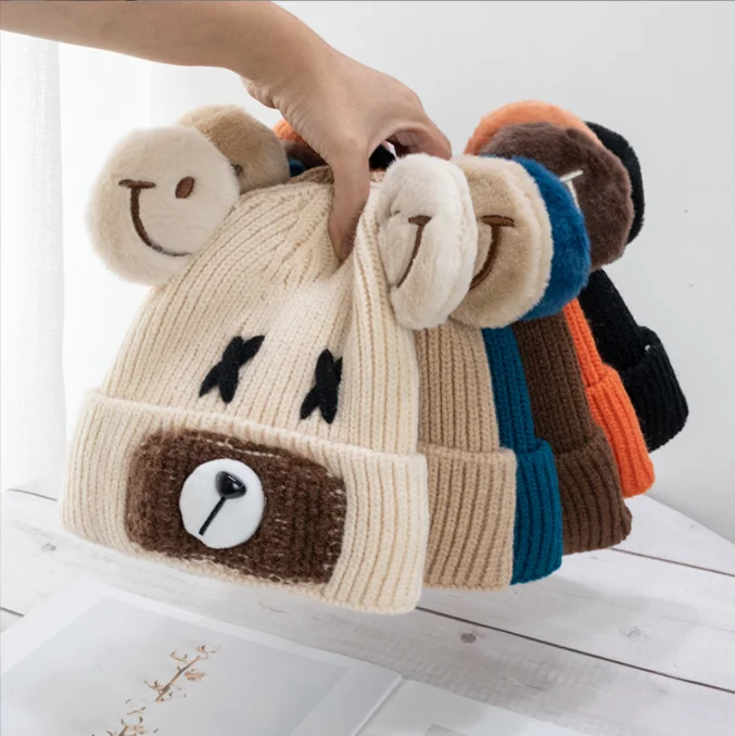 Лидер продаж милая детская вязаная шапка осень и зима теплая мультяшная с медведем кукла Детская шерстяная