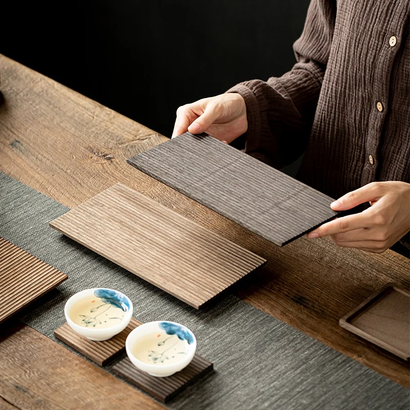 Anti-slip Wooden Teapot Tray Wood Groove Tea Tray For Tea Cup Thick Wooden Insulation Coaster