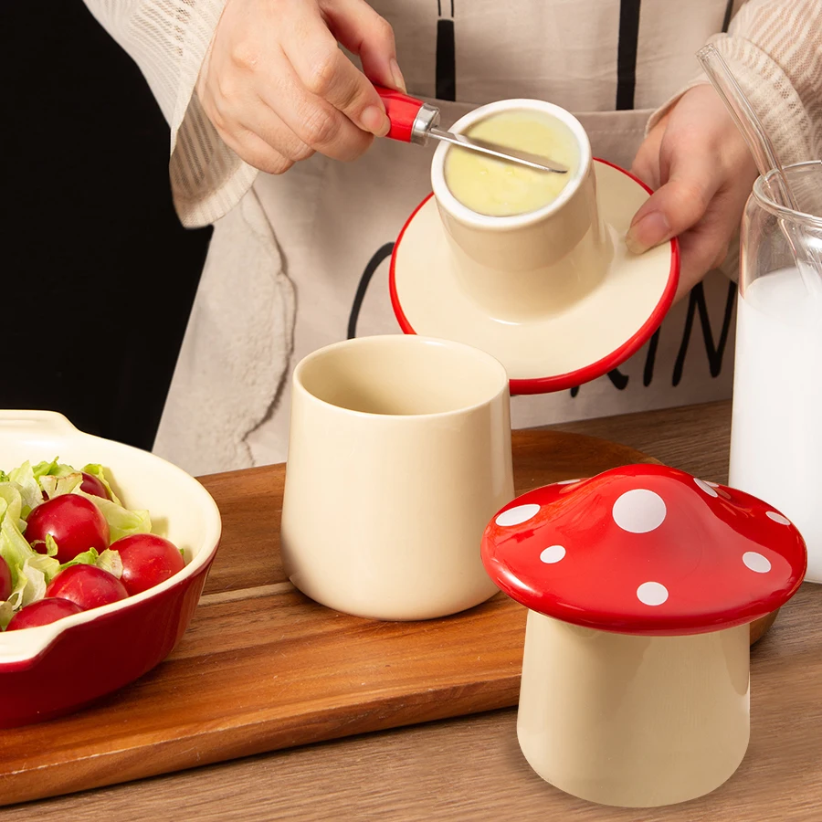 Modern solid cheese container porcelain butter keeper crock French new custom cute mushroom shape butter dish ceramic