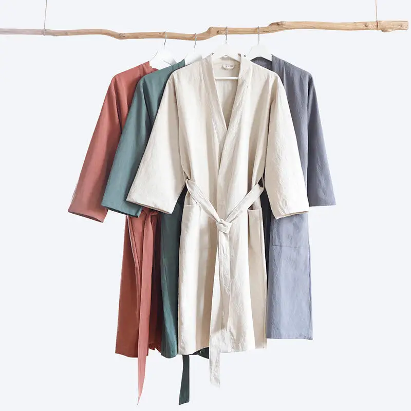 Comfortable Cotton Linen Unisex Kimono Bathrobe Couple Hotel Spa Robe Pajama