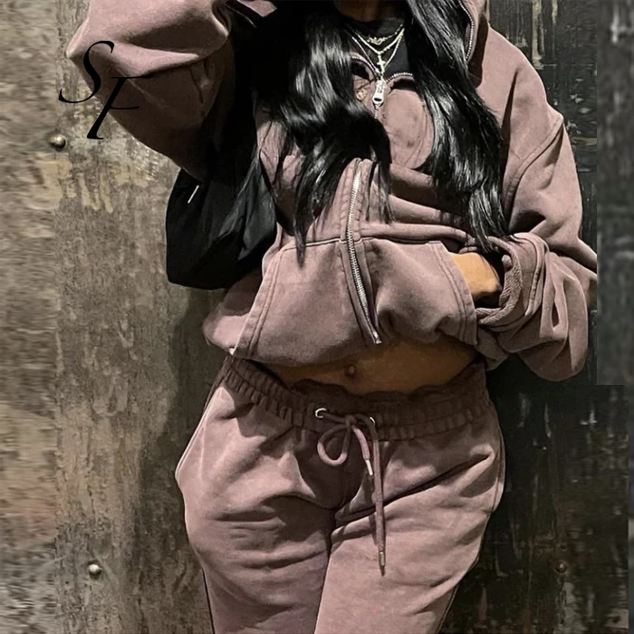 Star Fashion High Quality Custom Women Cropped Zip Up Hoodie Jogger Pants Two Pieces Set Acid Washed Drop Shoulder Sweatsuit Set