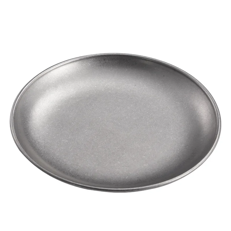 FT0036 Vintage Stainless Steel Plates Round Trays Outdoor Camping Cutlery Make Old Industrial Style Dinner Plates