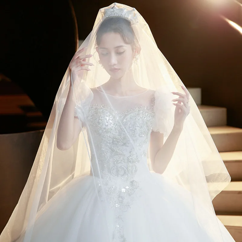 ZX-938 Bride Bubble Sleeves Embroidered Lace A Line Floor Length Wedding Dress Beaded Tulle Bridal Gown