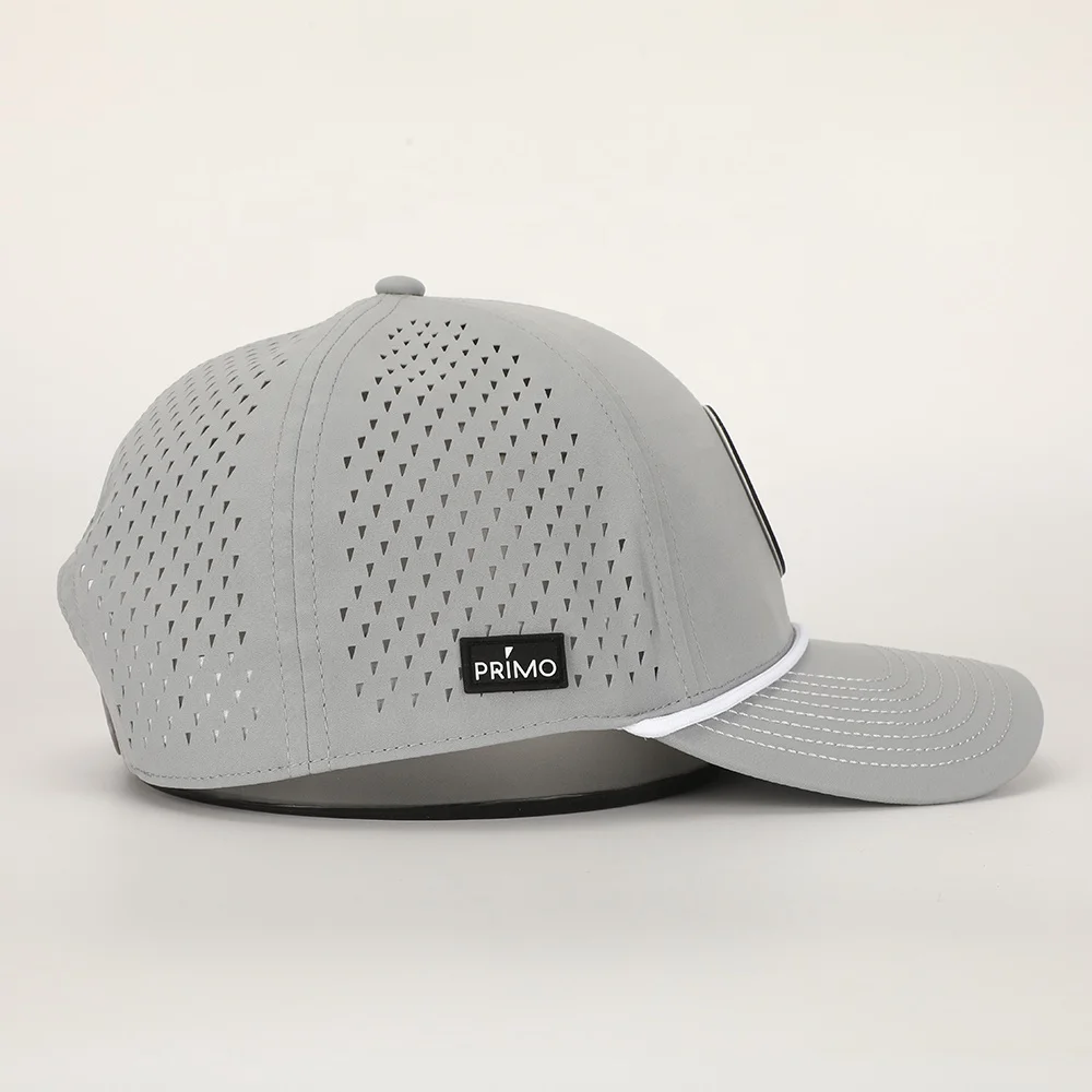 Wholesale Custom PVC Logo 6 Panel Grey Polyester Performance Sport Dad Hat Laser Cut Hole Golf Gorras Rope Baseball Cap