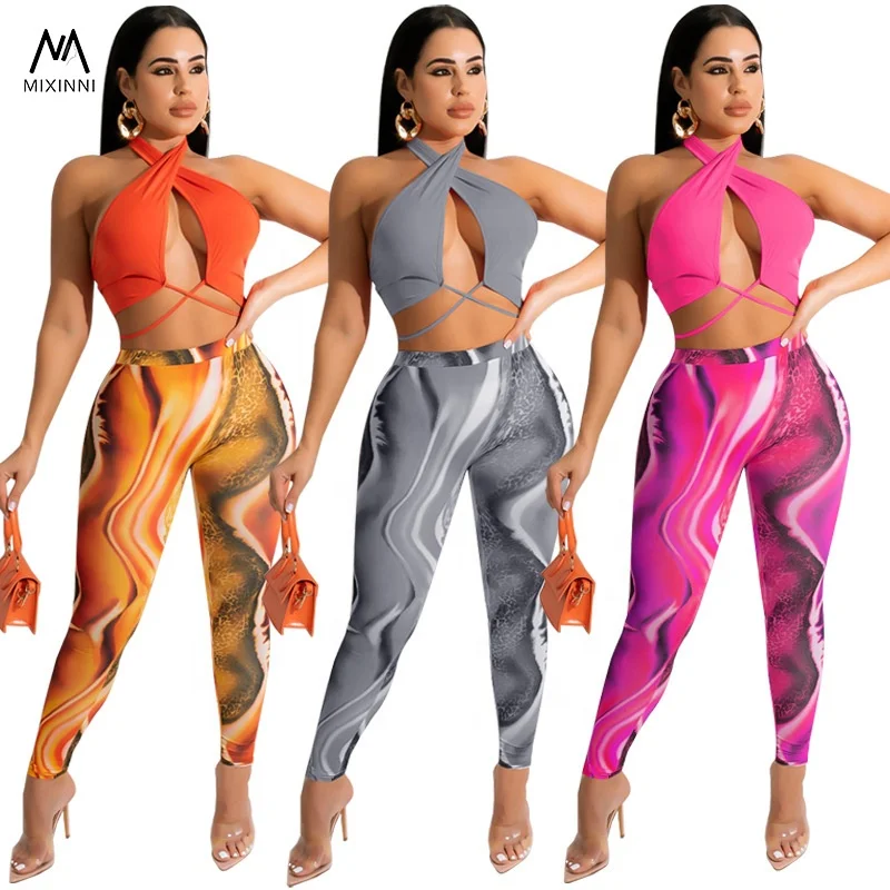 MXN 211 Sexy hanging neck solid color blouse women, printed pants two piece sets,fashion Casual summer clothes