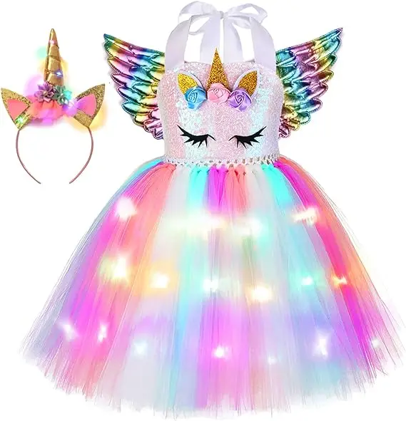 Girls Unicorn Costume LED Light Up Unicorn Dress With Wings Birthday Party Princess Dress for Halloween Party