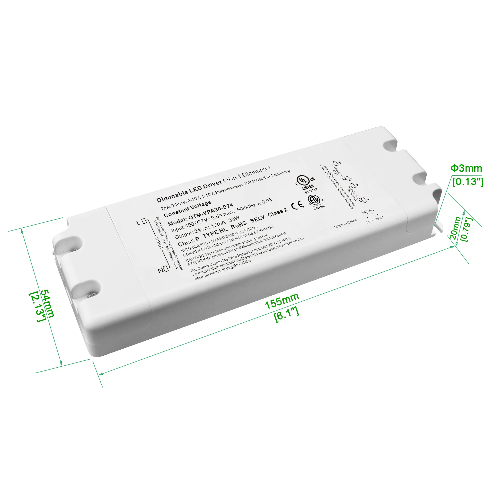 UL Triac 0-10V PWM 5 in 1 24V 30w Constant Voltage Dimmable LED Driver
