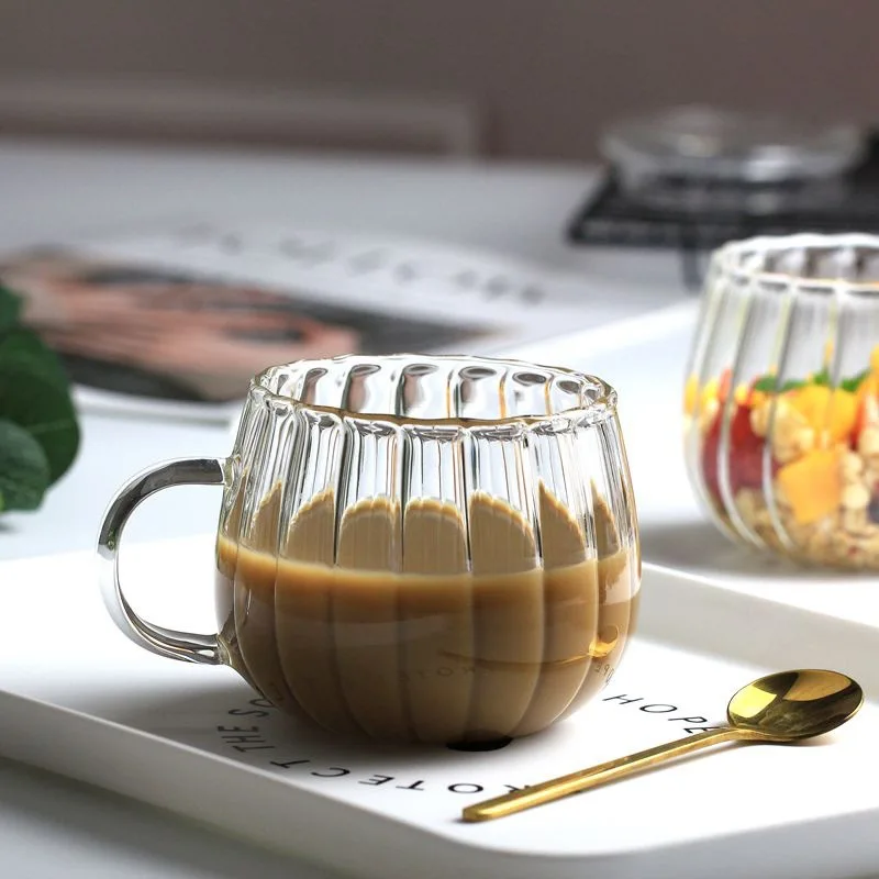 350ml Coffee Glass Mug Ripple Heat Resistant Drinkware Cup Frosted Clear Coffee Glass Cup With Handle