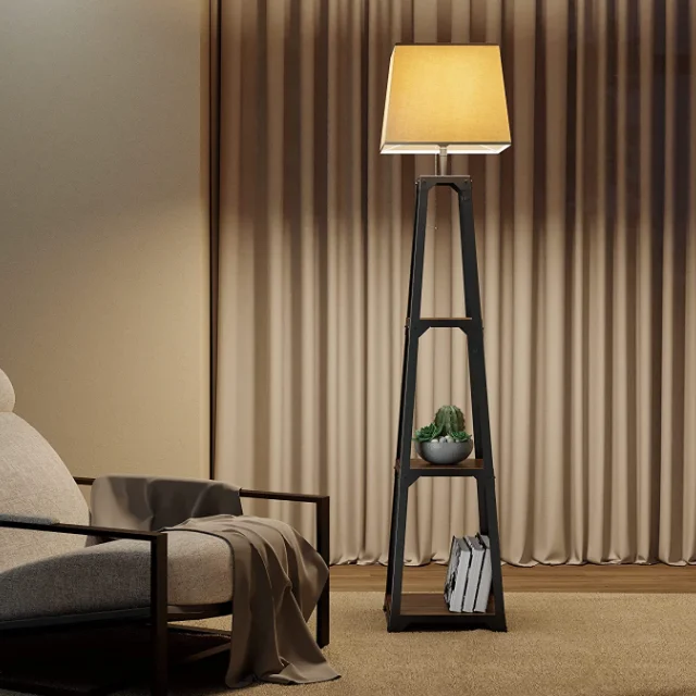 Cheap Modern Luxury Floor Lamp With Shelf White Lampshade Wooden Floor Lamps For Living Room Bedroom Hotel Office Classic Black