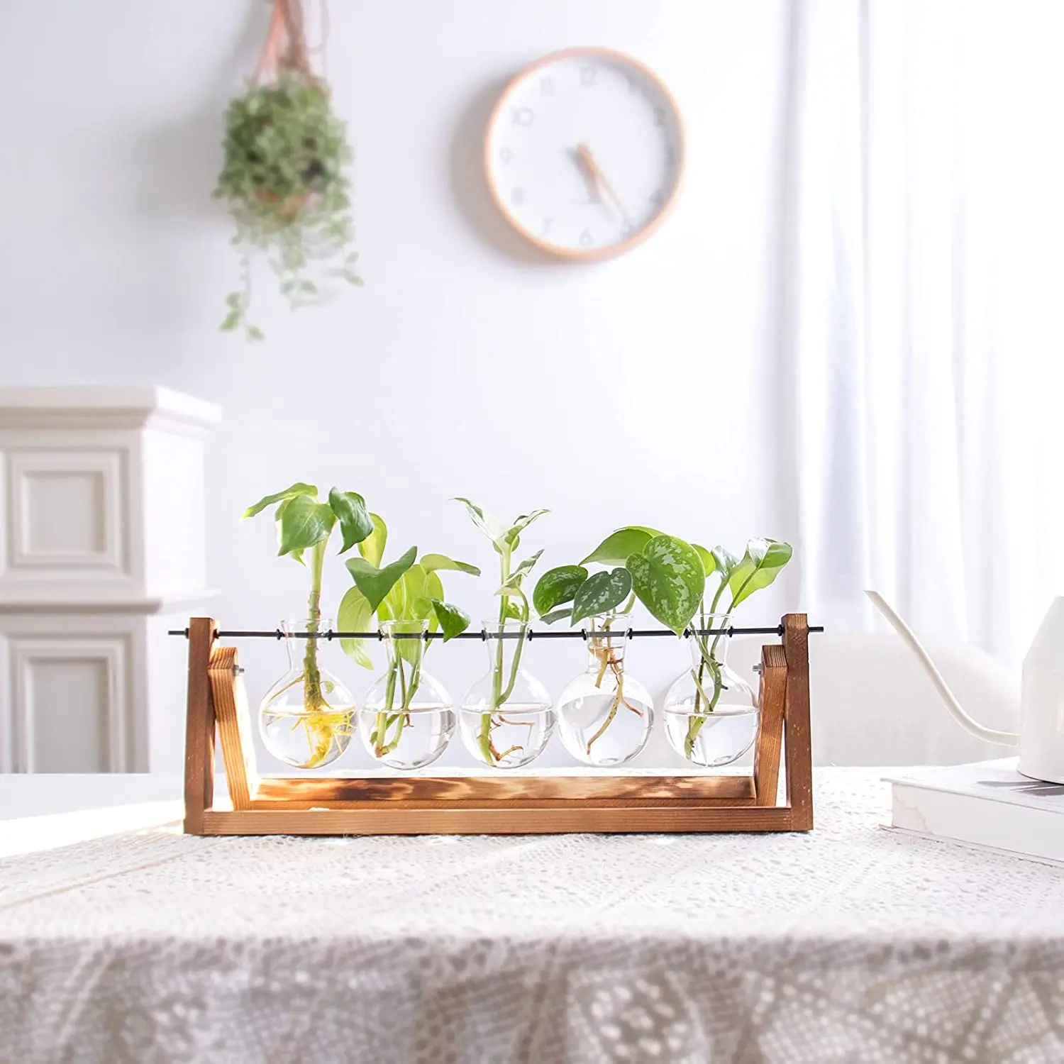 OEM Desktop Glass Bulb Plant Terrarium with Retro Solid Wooden Stand and Metal Swivel Holder for Home Garden Wedding Decor