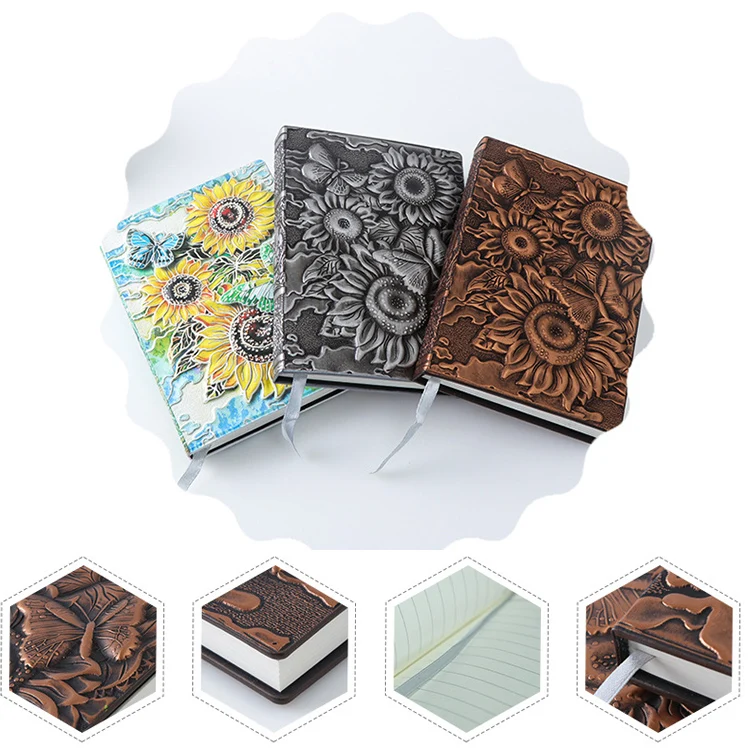 Antique A6 Pocket Mini Journal Diary, Sunflower Creative 3D Embossed PU Leather Notebook - Copper