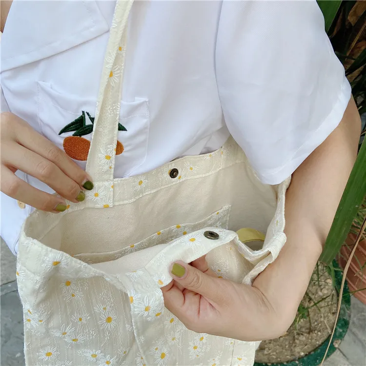 Trendy custom daisy flower printing bag women canvas shoulder tote bags