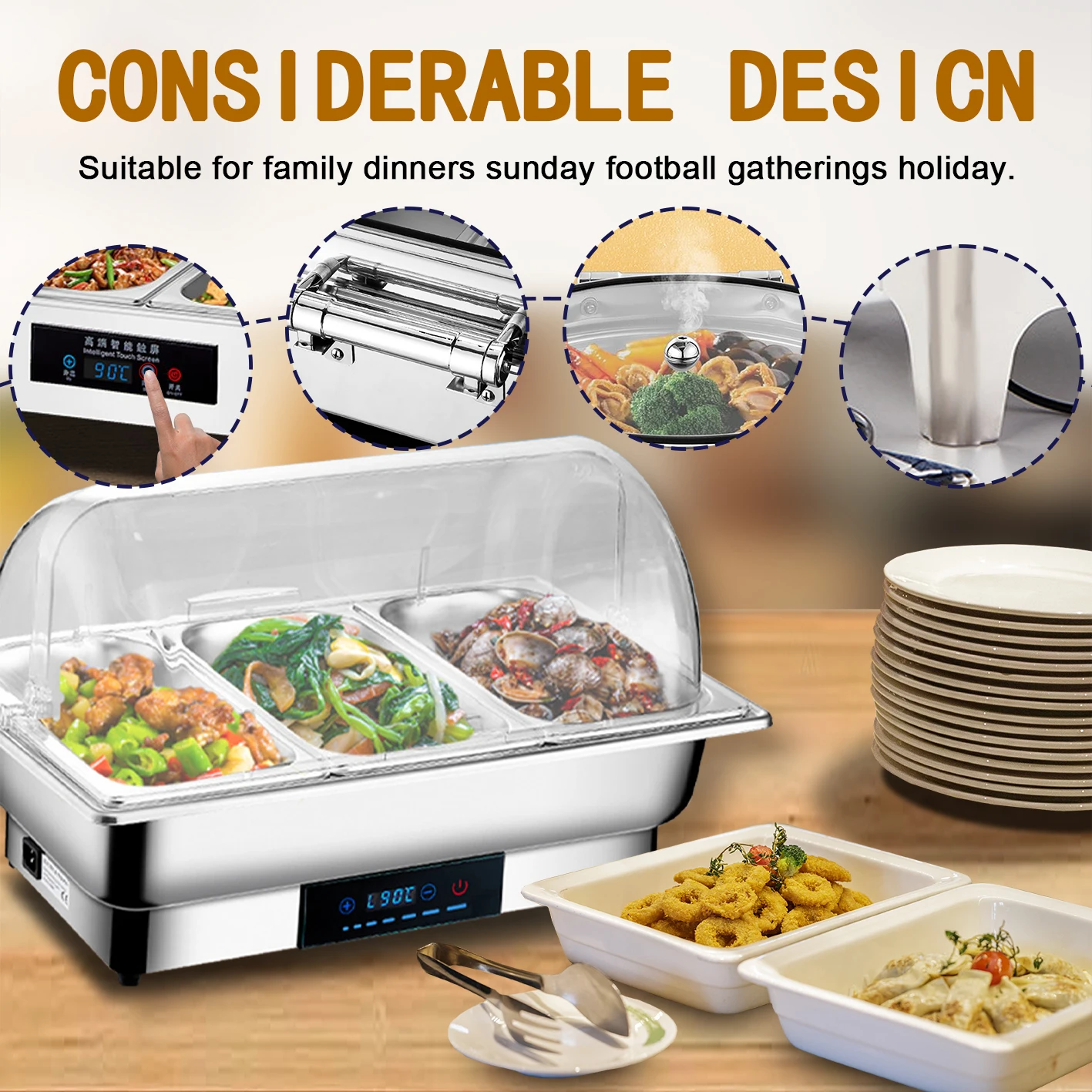YITIAN Hotel Restaurant 201 Stainless Steel Buffet Set Food Warmer 9L Rectangle Roll Top Gold Chafing Dish