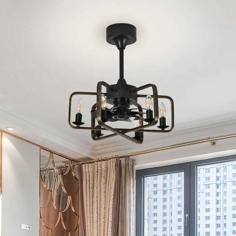 Caged Ceiling Fans Farmhouse 18 Inch Flush Mount Vintage Bladeless Rustic Chandeliers Fan Remote Bedroom Ceiling Fan with Light