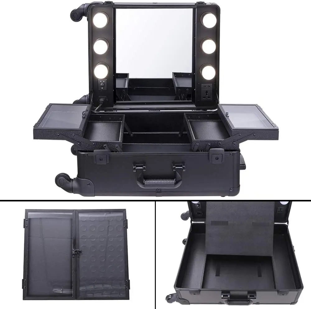 Black Studio Artist Train Rolling Makeup Case with Lights