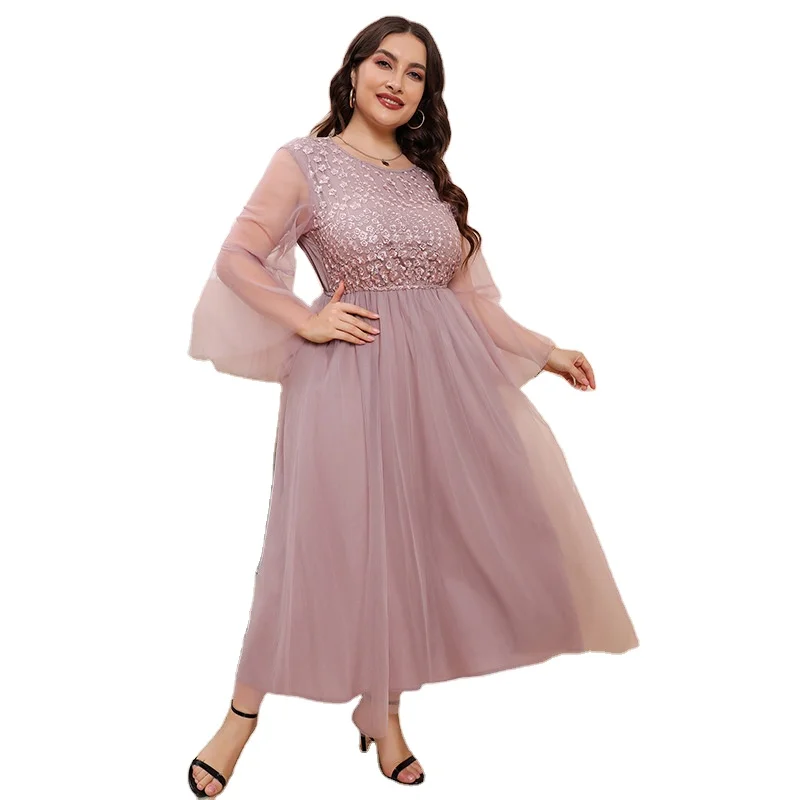 Customized large mesh long sleeved dress for evening dress, female fat banquet party, French mid length dress