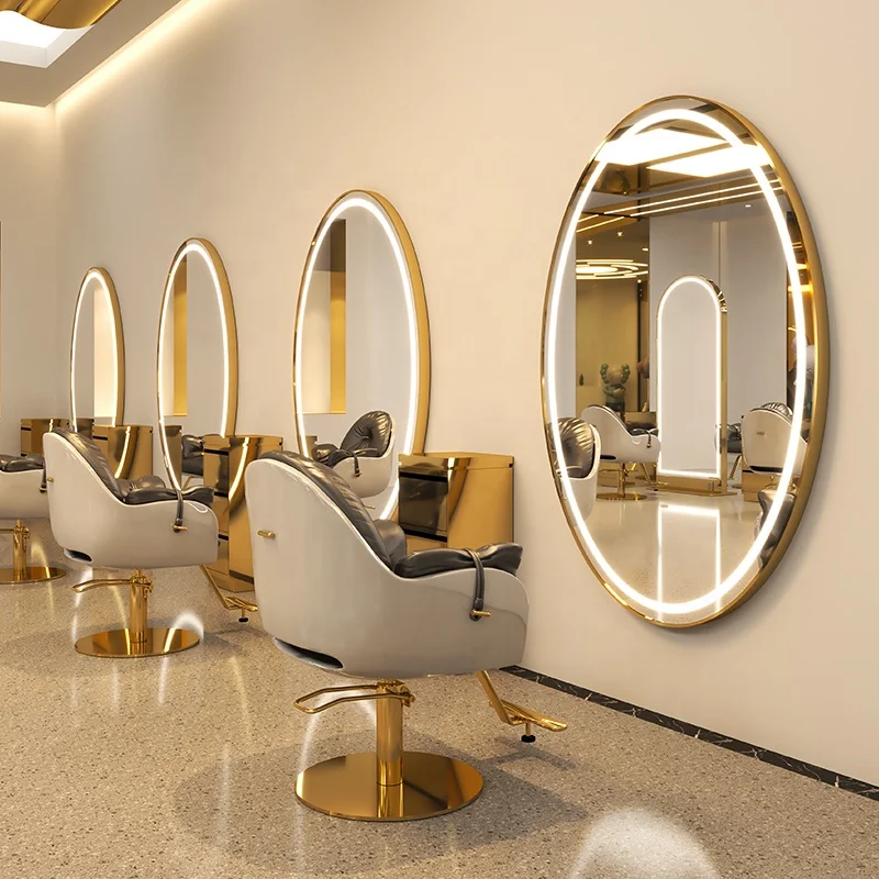 High quality gold frame single sided wall mirror luxury beauty hair salon barber mirror station led
