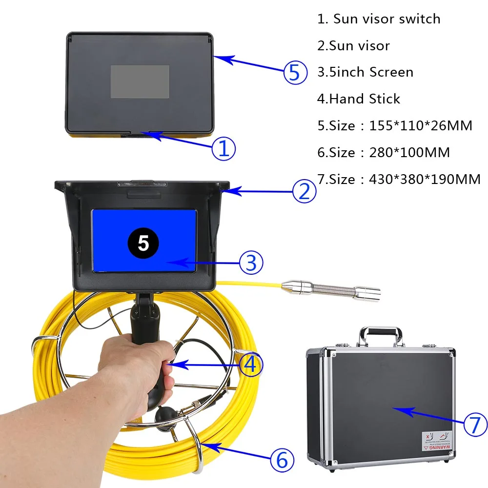 5 inch 17mm Handheld Industrial Pipe Sewer Inspection Video Camera IP68 Waterproof Drain Pipe Sewer Inspection Camera System 20M