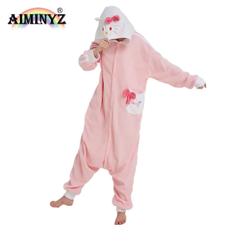 AIMINYZ Wholesale 2023 Cute Pink Cartoon Cat Winter Polar Fleece Onesie Pajamas Comfortable Cosplay For Adult Pyjamas Homewear